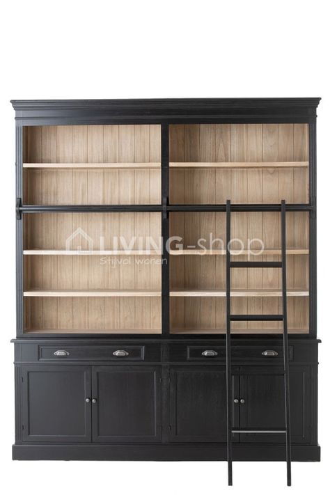 Black bookcase with ladder Dark Bookshelves, Library Cabinet, Room Bookshelf, Black Bookcase, Library Room, Library Wall, Oak Bookcase, Bookcase Wall, Furniture Bookshelves