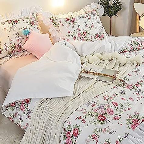 Amazon.com: FADFAY Shabby Pink Floral 4 Piece Bed Sheet Set 100% Cotton Deep Pocket-Queen : Home & Kitchen Bulgaria Rose, White And Pink Bedding, French Country Bed, French Provencial, Girl Comforters, Flower Comforter, Ruffle Duvet Cover, Zipper Bedding, Country Bedding