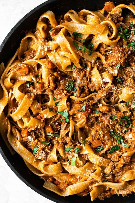 Braised Pork Ragu Recipe (Stovetop, Slow Cooker & Pressure Cooker) Empty Freezer, Braised Pork Ragu, Ragu Pappardelle, Pork Braised, Pappardelle Recipe, Delish Dinners, Braised Pork Shoulder, Pork Pasta, Pork Ragu