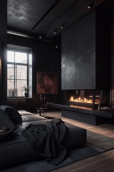 Dark Modern Design, All Black Home Interior, Dark Home Esthetics, Dark Cozy Interior Design, Dark Home Interior Design, Black Apartment Interior, Dark Minimalist Home, All Black Home, Black Minimalist Aesthetic