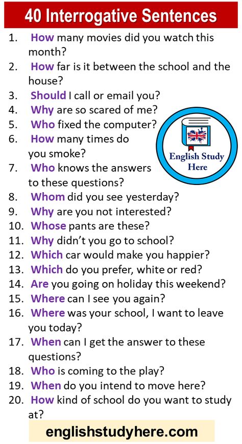 40 Examples with Interrogative Sentences, Interrogative Sentences Throughout our life, we constantly question things, and therefore we have many questions in our minds. In order to learn new information, to eliminate confusion and clarify a subject we are curious about, we construct questioning sentences. An interrogative sentence contains a direct question and a interrogation mark is put at the end of the sentence. As with other sentences in English, it should include subject and verb in ... Questions In English Learning, Sentences With Should, Question In English, Interrogative Sentences, English Questions, Sentences In English, Questions In English, Struktur Teks, English Conversation Learning