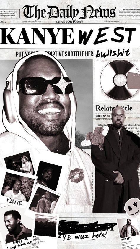 KANYE OMARI WEST #kanye #kanyewest #ye #rap #music #album #fyp #wallpaper #newspaper Kanye West Wallpaper, Kanye West Albums, Rap Album Covers, Tupac Pictures, Rap Albums, Music Collage, Vintage Poster Design, Music Poster Design, Celebrity Wallpapers