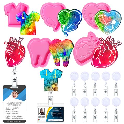 PRICES MAY VARY. Package include - You will get 5 pcs badge reels resin molds, 10 pcs badge reels retractable clips, 56 pcs double-sided sticky adhesive putty. Perfect to DIY unique ornaments for your Badge Reels Doctor theme design - Our badge reels mold are designed with 5 different doctor theme shapes, including doctor T-Shirt, stethoscope love shaped, tooth, heart shape, great for doctor, nurse, office staff to make their personality and fashion Badge Reels Easy to use - During DIY badge ree Resin Molds Silicone, Employees Card, Molds Silicone, Mold Kit, Casting Resin Molds, Love Shape, Kraf Diy, Casting Jewelry, Unique Ornament