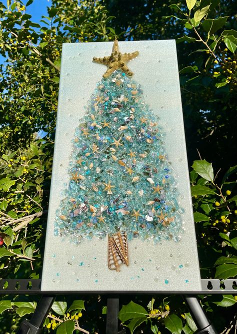 Beach Life Aqua Christmas Tree Glass and Resin Art – Smiling Sun Designs Aqua Christmas Tree, Glass And Resin Art, Sea Glass Window Art, Sea Glass Window, Broken Glass Crafts, Beach Christmas Trees, Aqua Christmas, Sea Glass Mosaic, Christmas Resin