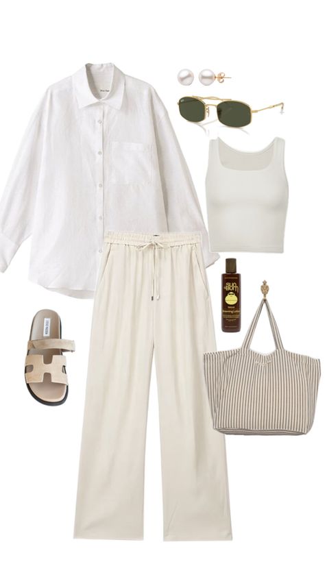 Summer outfit idea, linen outfit, linen shirt and pants, beach bag, beige sandals, suncream, fashion inspiration, fit inspo Beige Linen Pants Outfit, Linen Shirt And Pants, Linen Set Outfit, White Pants Outfit Summer, Linen Pants Outfit Summer, Beige Pants Outfit, Linen Shirt Outfit, Beige Linen Pants, Linen Beach Pants