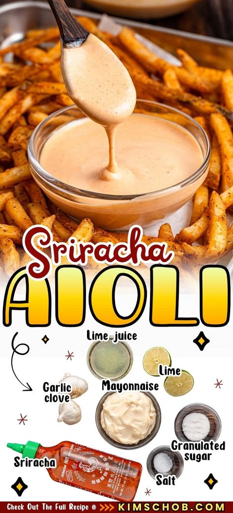 Bowl of sriracha aioli with fries. Ingredients: garlic, lime juice, mayonnaise, lime, granulated sugar, sriracha, salt. Aoli Sauce Recipes, Spicy Dip Recipes, Creamy Sriracha Sauce, Sriracha Dipping Sauce, Sriracha Aioli, Youtube Recipes, Spicy Dip, Aioli Recipe, Hot Chili Sauce