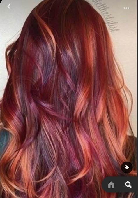 Vibrant Red Hair Color With Highlights, Bright Red Peekaboo Hair, Burgundy Hair With Copper Highlights, Dark Red Hair With Blonde Highlights Balayage, Copper Hair With Purple Highlights, Ginger Purple Hair, Copper Purple Hair, Dark Red And Orange Hair, Purple And Copper Hair