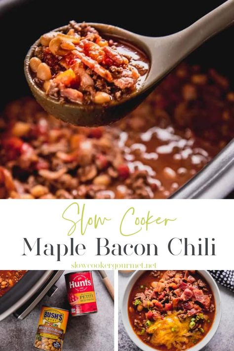 Looking for a chili recipe that is simple to make yet turns up the flavor dial by several notches? This Slow Cooker Maple Bacon Chili will have you craving chili for dinner every day! #ad #chilipride #slowcooker #chilirecipe #slowcookerchili Maple Bacon Chili, Chili With Maple Syrup, Chicken Bacon Chili, Chilli Recipe Crockpot, Bacon Chili Recipe, Crockpot Pork Shoulder, Different Chili Recipe, Sweet Chili Recipe, Pulled Pork Chili