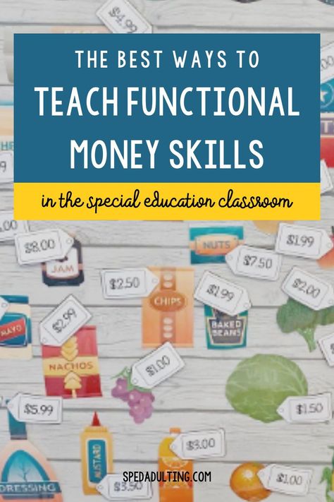 Functional money skills are an important aspect to independent living. Practicing functional math skills in the classroom allows your students to learn to identify money, practice using a budget and making financial decisions. Functional math skills allow your students to practice social skills while purchasing an item or making change. Practicing these skills in the special education classroom will also help your students prepare for community based instruction and develop important life skills Functional Math Activities, Teaching Money Special Education, Money Skills For Special Education, Functional Math Special Education, Functional Skills Special Education, Middle School Life Skills Classroom, Life Skills Activities For Special Needs, Functional Life Skills Special Education, Community Based Instruction