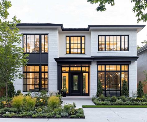 Black White And Wood House Exterior Modern, White House Big Windows, Large Black Windows Exterior, Black Glass Windows Exterior, Homes With Big Windows Exterior, Dream House White Modern, Modern Style Homes Exterior, Modern Home Black And White, Large Window House Exterior