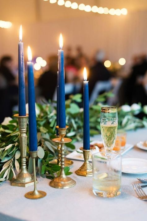 Elegant Navy Blue Candlesticks with Gold Candle Holders Reception Decor Navy Candles, Blue Taper Candles, Vintage Wedding Centerpieces, Blue Christmas Decor, Gold Candle Sticks, Christmas Tablescape, Pennsylvania Wedding, Blue Nail, Wedding Inspiration Board