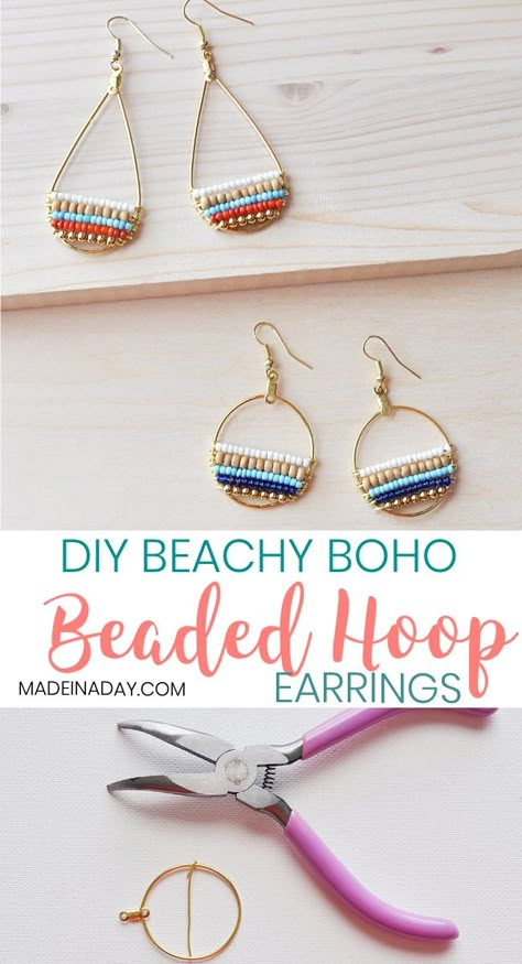 Earrings Beachy, Navy Blue Earrings, Homemade Earrings, Wire Hoop Earrings, Beaded Earrings Tutorials, Beaded Earrings Diy, Earrings Wood, Beachy Boho, Seed Bead Tutorial