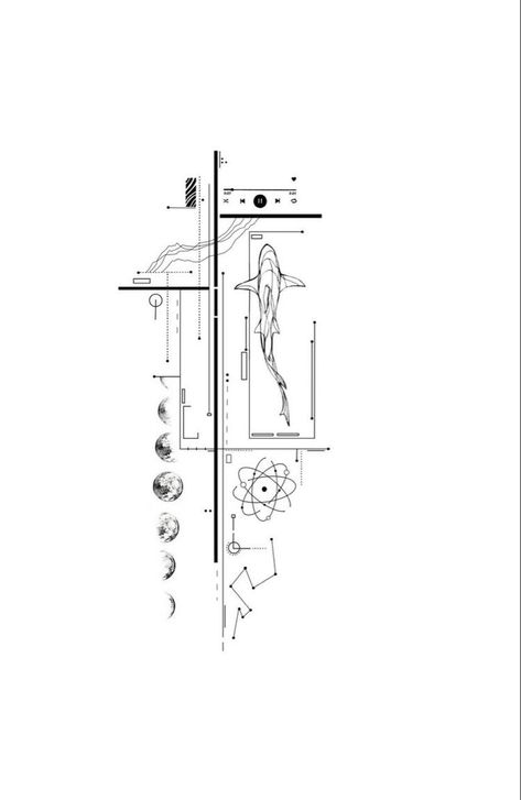 Music Tattoo Line Art, Music Concept Tattoo, Geometric Tattoo Drawing, Shark Tattoo Geometric, Lineart Tattoo Ideas, Realistic Fine Line Geometrical Tattoo, Music Geometric Tattoo, Fineline Music Tattoo, Geometric Shark Tattoo