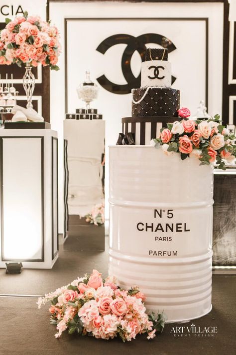 Designer Party Decorations, Chanel Party Theme, Chanel Birthday Party Decoration, Chanel Inspired Party, Chanel Event, Unique Event Decor, Chanel Birthday Party, Chanel Birthday, Chanel Shop