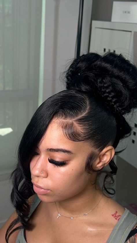 Updo Quick Weave Hairstyles, Bang Updo Hairstyles, 2 Fishtail Braids, Updo With Bang, Ponytail Hairstyles Updo, Cutesy Hairstyles, Weave Ponytail Styles, 26 Inch Hair, Bangs Inspiration