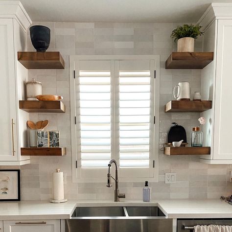 Shelving Above Kitchen Sink Window, Glass Shelf Above Kitchen Sink, Kitchen Shelves Near Window, Shelves By Window Kitchen, Small Kitchen Sink Window, Kitchen Shelves By Window, Off Centered Kitchen Sink Window, Window Shelves Kitchen, Backsplash Kitchen Sink Window