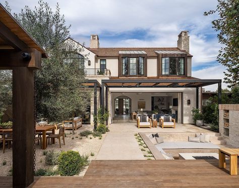 Tour a transitional Southern California home with charming French style French Transitional Home, French Transitional, Brandon Architects, Southern California Home, Rustic Landscaping, Costa Mesa California, Wood Trellis, French Style Homes, Transitional House