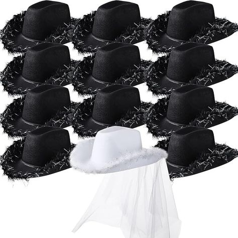 Unittype 12Pcs Cowgirl Hats Bride Cowboy Hats Bachelorette Cowboy Hat for Party Wedding Bachelorette Bridal Shower Engagement(Black, White, Feather Style) at Amazon Men’s Clothing store Cowboy Hat With Veil, Bride Cowboy Hat, Classic Cowgirl, Western Bachelorette, Cowgirl Bachelorette Parties, Hat With Veil, White Veil, Cowgirl Bachelorette, Black Cowgirl