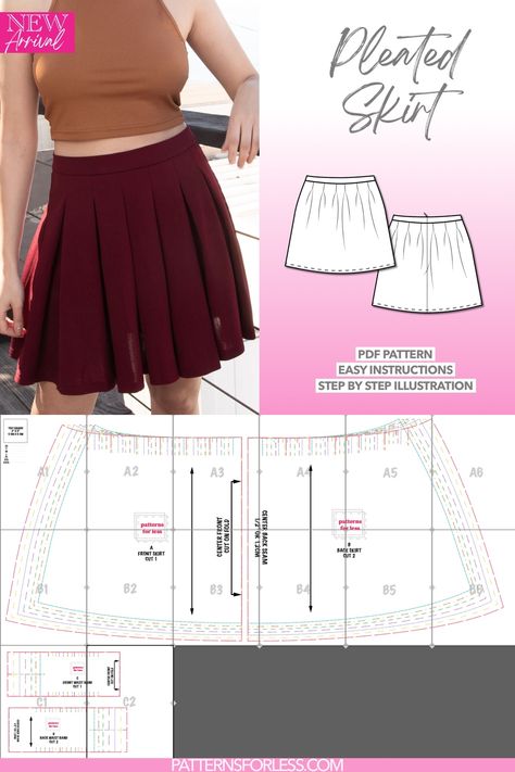 Pleated Skirt Sewing Pattern Pleated Skirt Free Pattern, Pleated Skirt Pattern Free, Pleated Skirt Sewing Pattern, Pleated Skirt Sewing, Skirt Sewing Tutorial, Mini Skirt Pattern, Pleated Skirt Pattern, Skirt Pattern Free, Pattern Mini Skirt