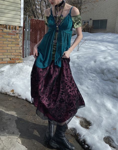 aesthetic clothing thrift fit lingerie styling 90s Fashion Whimsigoth, Outfit Inspo Whimsigoth, 70s Witch Outfit, Water Witch Aesthetic Outfit, Whimsical Witch Aesthetic Outfit, Winter Outfits Whimsigoth, 70s Whimsigoth Outfits, Whimsigoth Fashion Aesthetic, 90s Thrift Outfits