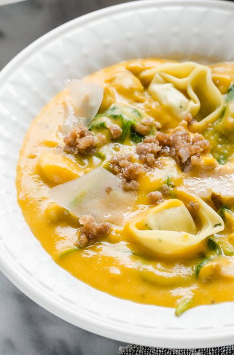 Butternut Squash, Sausage, and Tortelloni Soup | The Pioneer Woman Squash Sausage, Butternut Squash Sausage, Soup Fall, Butternut Squash Recipes, Roasted Squash, Tortellini Soup, Savory Soups, Soup Season, Squash Soup