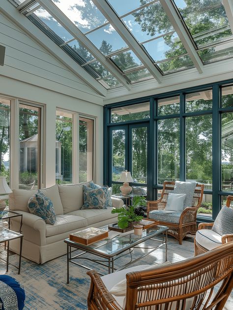 Elegant Coastal Sunroom Inspiration Sun Room Off Bedroom, Glass Rooms Sunrooms, Sunroom Flooring Ideas Farmhouse, Sunroom With Sliding Glass Doors, Sunroom Study, Beach House Sunroom, Sunroom Interior, Coastal Sunroom, Sunroom Bedroom