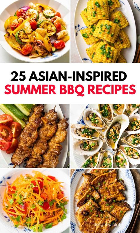 a collage of Asian summer BBQ recipes. Bbq Potluck, Grilled Mackerel, Asian Bbq, Asian Side Dishes, Summer Bbq Recipes, Grilled Oysters, Potluck Party, Fusion Dishes, Crowd Pleasing Appetizers