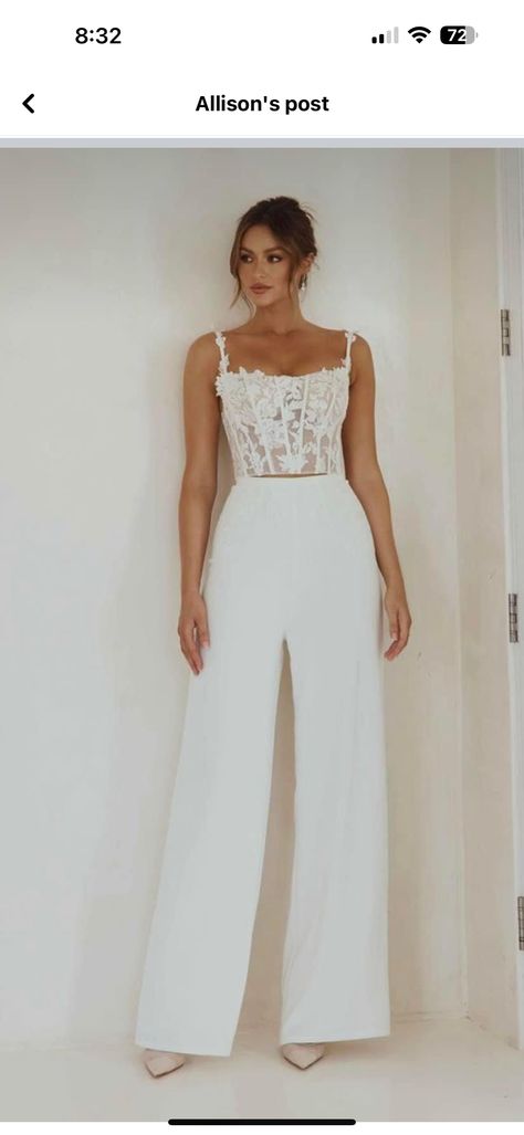 Fun Bride Outfits, Comfy Wedding Reception Outfit, Fun Reception Outfit For Bride, White Suit Wedding Women, Engagement Party Outfit Bride, Wedding Rehearsal Outfit For Bride, Civil Marriage Outfit, Bridal Pantsuit Brides, Rehearsal Dinner Outfit Bride