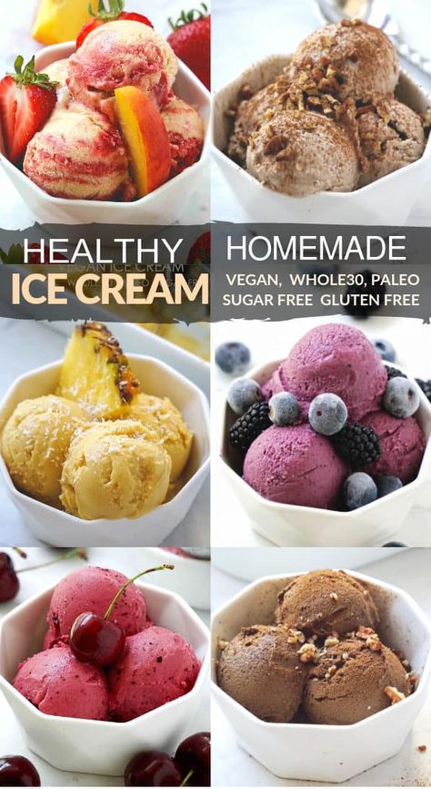 Paleo Whole30 Ice Cream recipes – dairy free, gluten free, sugar free, vegan, whole 30 and paleo compliant frozen dessert. Learn how to make 6 different types of healthy homemade dairy free ice cream flavors ideas perfect for your clean eating and whole30 diet, especially during summer. The best healthy whole30 ice cream for kids and adults! #veganicecream #dairyfreeicecream #whole30icecream #whole30dessert #paleoicecream #healthy #homemade #paleodessert Vegan Whole 30, Healthy Homemade Ice Cream, Dairy Snacks, Whole30 Diet, Dairy Free Ice Cream, Sugar Free Vegan, Healthy Ice Cream, Gluten Free Sugar Free, Vegan Ice Cream