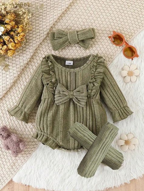 Army Green  Collar   Plain  Embellished Slight Stretch  Newborn Baby Clothing Newborn Baby Onesies, Baby Girl Clothes Winter, Fall Baby Clothes, Plain Tees, Baby Outfits Newborn