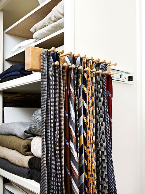 Once you dive into the world of master bedroom storage, you’ll be quick to find out that for every type of need, there’s a type of storage. Some are particularly useful, such as this sliding tie holder. It offers the vertical storage space that’s required without taking up too much width. Tiny Closet Organization, Organizing Closet, Save Closet Space, Master Closet Organization, House Closet, Tie Storage, Diy Bedroom Storage, Bedroom Closet Storage, Tie Holder