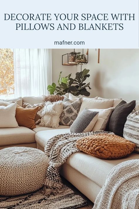 In this pin, explore creative ways to decorate your living space with decorative throw pillows and cozy blankets, highlighting stylish arrangements and practical uses. Couch Pillows For Beige Couch, Couch Blanket Styling, Pillow Placement On Couch, Beige Couch Pillow Ideas, Beige Couch Pillows, Style Couch Pillows, Throw On Sofa, Blanket Styling, Throw Pillow Ideas