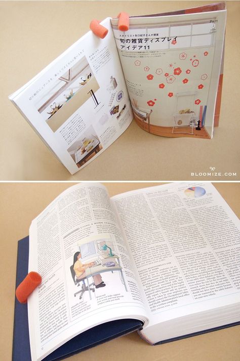 Simple DIY Book Page Holder Spares Your Hands | Designs & Ideas on Dornob Book Page Holder Diy, Page Holder Diy, Diy Book Stand, Foam Curlers, Book Page Holder, Page Holder, Book Stand, Weird Words, Diy Holder