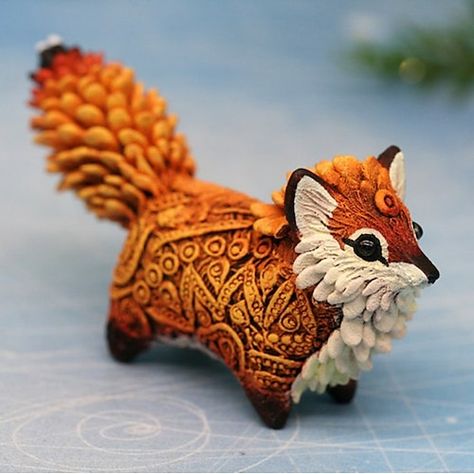 Clay Fox, Fox Totem, Polymer Clay Animals, Resin Sculpture, Fox Design, Clay Animals, Animal Statues, Miniature Animals, Landscape Decor