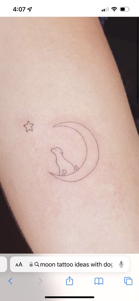 Moon And Paw Tattoo, Puppy Memorial Tattoo, Dog And Moon Tattoo, Moon And Dog Tattoo, Dog Sitting On Moon Tattoo, Dog On The Moon Tattoo, Moon Dog Tattoo, Crescent Moon Dog Tattoo, Dog Tattoos Memorial