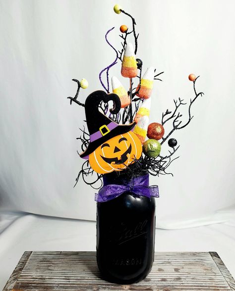 Excited to share the latest addition to my #etsy shop: Delightful Halloween Centerpiece with Happy Jack Halloween History, Halloween Mason Jars, Party Table Centerpieces, Wedding Centrepieces, Halloween Facts, Spooky Trees, Halloween Centerpiece, Jack O'lantern, Diy Jar Crafts