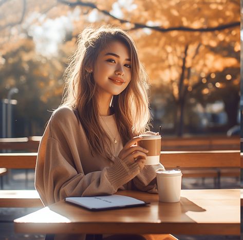 girl with tigh hair siting on beanch with taking coffe in her hand Arm On Table Reference, Anatomy Pose, People Drinking Coffee, Pouring Coffee, Picture References, Sweet Games, Coffee Shop Photography, Pose References, Body Reference Poses