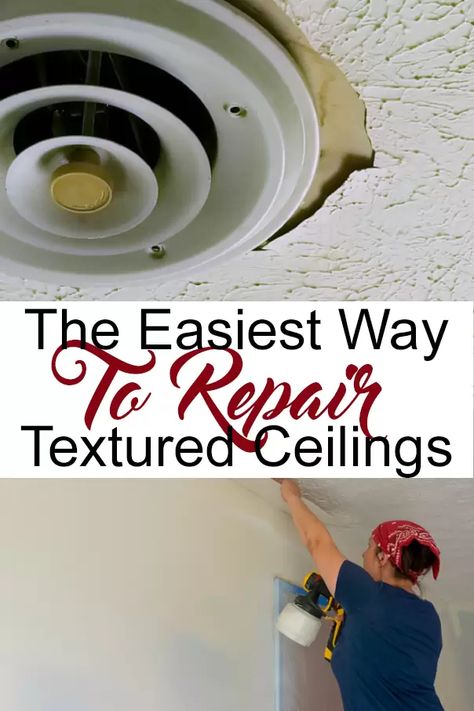 How To Repair Textured Ceilings easily- Have water damaged textured ceilings or need to patch a hole? Almost every wall develops flaws at some point, but you can perfectly patch a textured ceiling including crow's foot, popcorn ceiling, orange peel, knockdown, and slapbrush. Painting A Textured Ceiling, How To Repair Popcorn Ceiling Diy, Peeling Ceiling Paint Repair, Orange Peel Ceiling, Textured Ceiling Paint, Popcorn Ceiling Repair, Mc Kitchen, Water Damaged Ceiling, Repair Ceilings