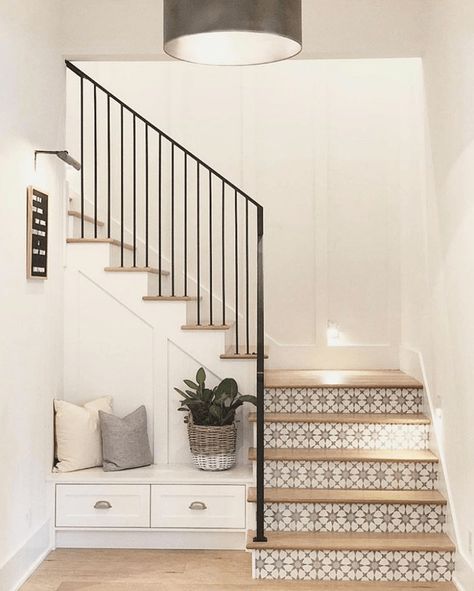 تحت الدرج, Stairway Decorating, Cement Tile Shop, Tile Stairs, Transitional Decor Kitchen, Stair Case, Home Stairs Design, Interior Stairs, Built In Bench