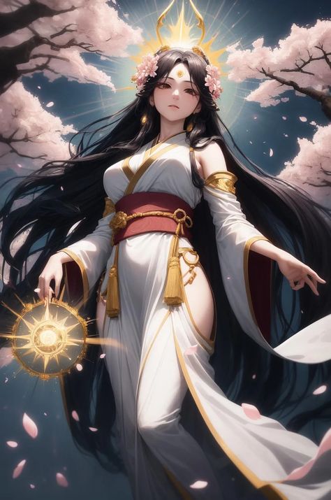 Amaterasu Goddess Japanese Mythology, Anime Sun Goddess, Japanese Goddess Art, Sun Goddess Character Design, Amaterasu Goddess Art, Amaterasu Tattoo, Sun God Art, Anime Goddess Art, Amaterasu Goddess