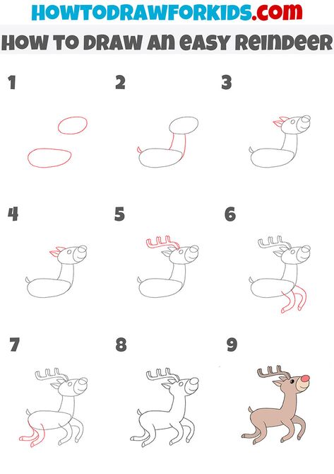 how to draw an easy reindeer step by step Easy Draw Reindeer, Flying Reindeer Drawing, Reindeer Doodle Easy, Rudolf Crafts For Kids, Christmas Robin Drawing, How To Draw A Reindeer For Kids, Raindeer Drawing Cartoon, How To Draw A Reindeer, Simple Reindeer Drawing