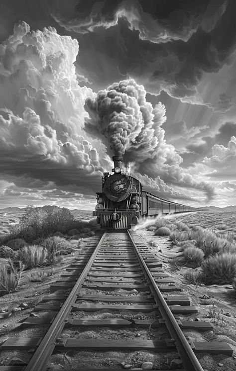 Full Color Image in ai-img-gen.com 🔸 detailed black and white rendering, a historically accurate head on view of a steam train approachng... 🔸 From Midjourney AI Image Freight Train Tattoo, Old Train Pictures, Steam Locomotive Drawing, Steam Train Photography, Steam Train Sketch, Steam Engine Trains Drawings, Desolate Landscape, Train Artwork, Train Tattoo