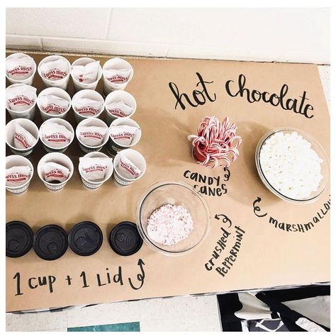 The Teacher's Crate on Instagram: “Loving this hot chocolate set up from  @schoolwithjules • #classroominspiration #classroomparty #teachersofthegram” Classroom Hot Chocolate, Pta Activities, Hot Chocolate Set, Hot Cocoa Party, Hot Chocolate Party, Watching Christmas Movies, Polar Express Party, Cocoa Party, Watch Christmas Movies