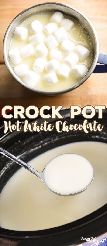 Hot White Chocolate, Crockpot Drinks, Holiday Party Snacks, Crock Pot Hot Chocolate, Holiday Party Food, White Hot Chocolate Recipe, Crockpot Hot Chocolate, White Chocolate Recipes, Crock Pots