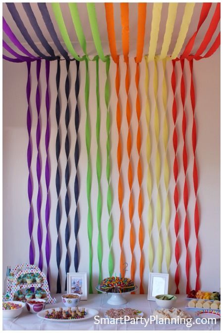 Rainbow party backdrop #Rainbow #BackdropDecoration.  Possible with tulle also. Pride Brunch, Birthday Decoration Ideas, Pony Birthday Party, Decoration For Ganpati, Rainbow Parties, Easy Birthday, Rainbow Birthday Party, Diy Birthday Decorations, Rainbow Decorations