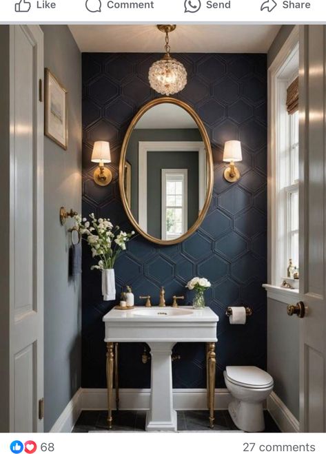 Subway Tile Powder Room Wall, Small Powder Room Remodel Ideas, Beautiful Guest Bathrooms, Small Luxury Powder Room, Elegant Half Bathroom Ideas, Navy Blue Powder Room, Blue Guest Bathroom, Small Powder Rooms, Small Powder Bathroom Ideas