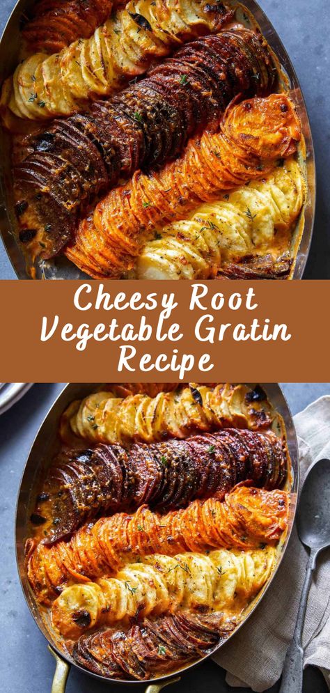 Cheesy Root Vegetable Gratin Recipe - Cheff Recipes Vegetable Gratin Recipes, Soup Breakfast, Root Vegetable Gratin, Vegetable Gratin, Root Vegetable, Vegetarian Soup, Root Vegetables, Veggie Sides, Vegetable Side Dishes