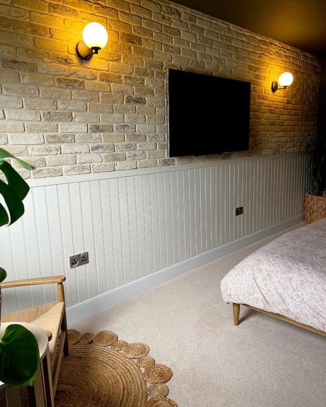 What a beautiful space! The colour of the panelling and lights work magnificently with the cream tones of blend 10 and cream mortar- well done @andrealstod ! . #brickslips #interiors #interiordesign Brick Wall Dining Room, Wall Tiles Living Room, Chimney Design, Brick Slips, Kitchen Chimney, Interior Brick, Brick Interior, White Wash Brick, French Farmhouse Style