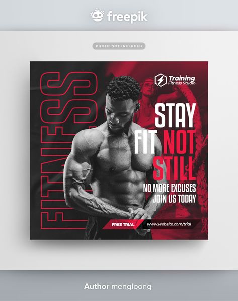 Stay Fit, Gym Flyer, No More Excuses, Web Banner, Fitness Gym, Media Post, Fitness Training, Free Trial, Social Media Post