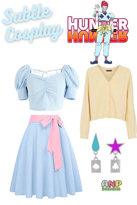 Try a cute yet playful hisoka inspired outfit with a light blue crop top and knee length skirt. Tie it together with a big waist bow and yellow cardigan. Subtle Cosplay, Light Blue Crop Top, Everyday Cosplay, Outfit Inspired, Blue Crop Top, Yellow Cardigan, Blue Crop Tops, Knee Length Skirt, Cosplay Costumes